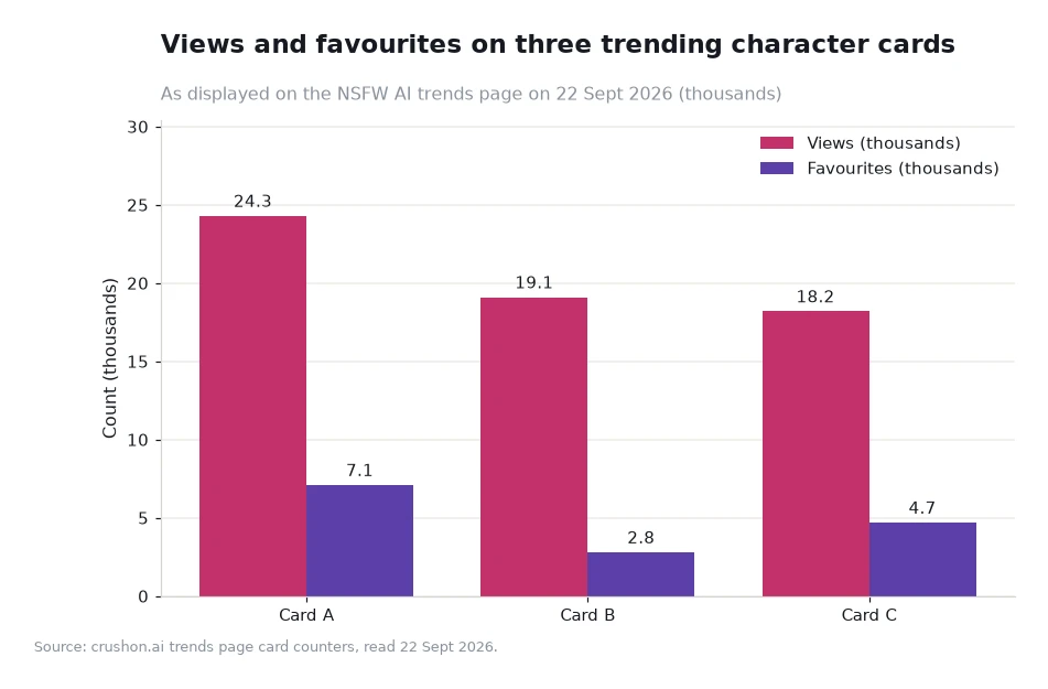 Grouped bar chart comparing view and favourite counts in thousands across three trending character cards